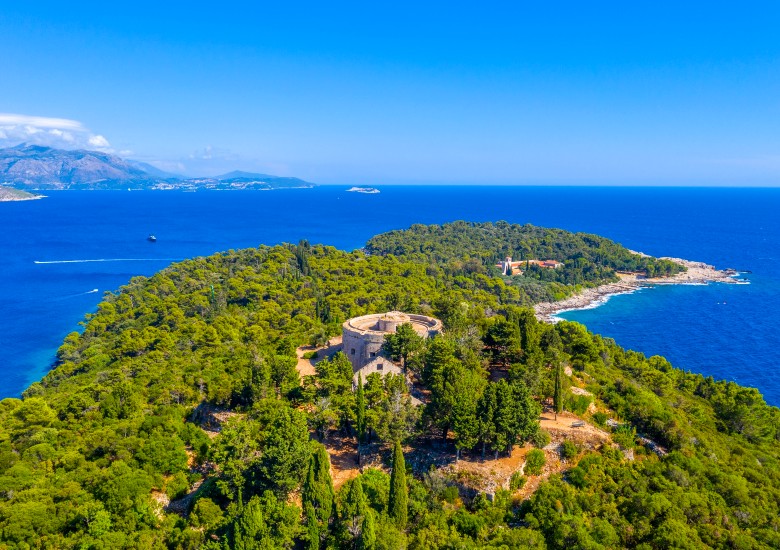 View of Lokrum Island with lots of trees and blue water