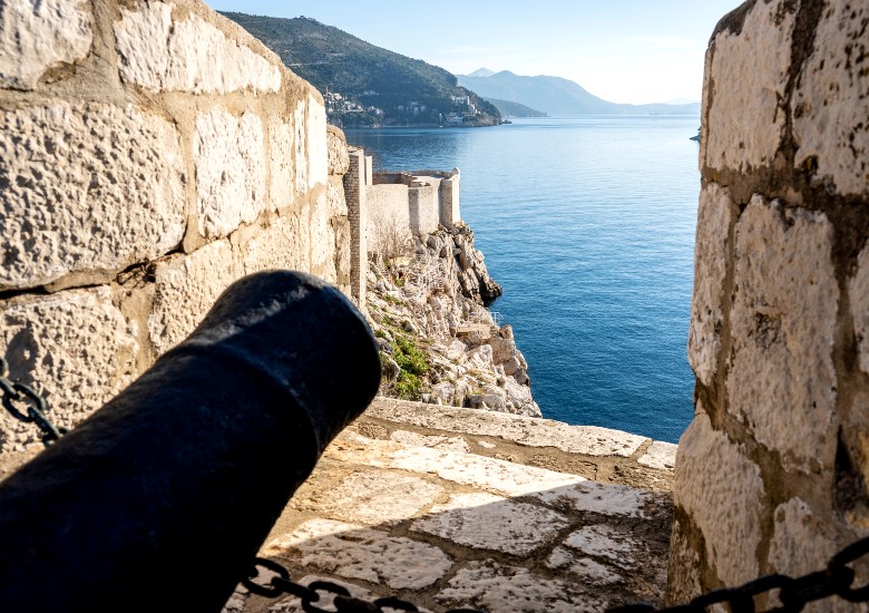 Old cannon on Lovrijenac Fortress overlooking the Adriatic Sea