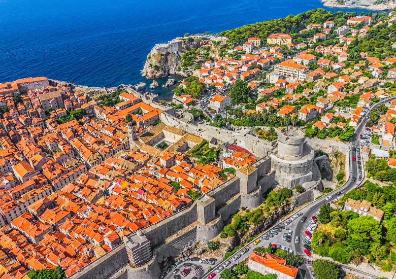 Aerial view of Minceta Tower and old town of Dubrovnik