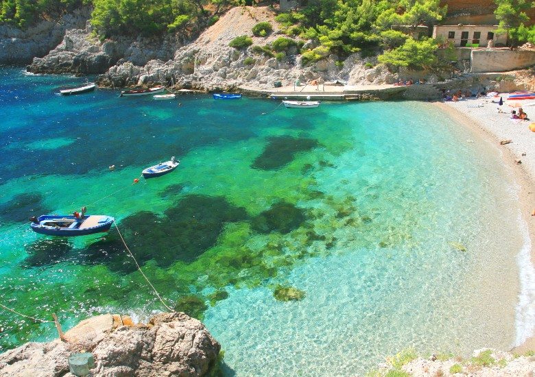 Beach on the island of Mljet with sandy shores and turquoise water