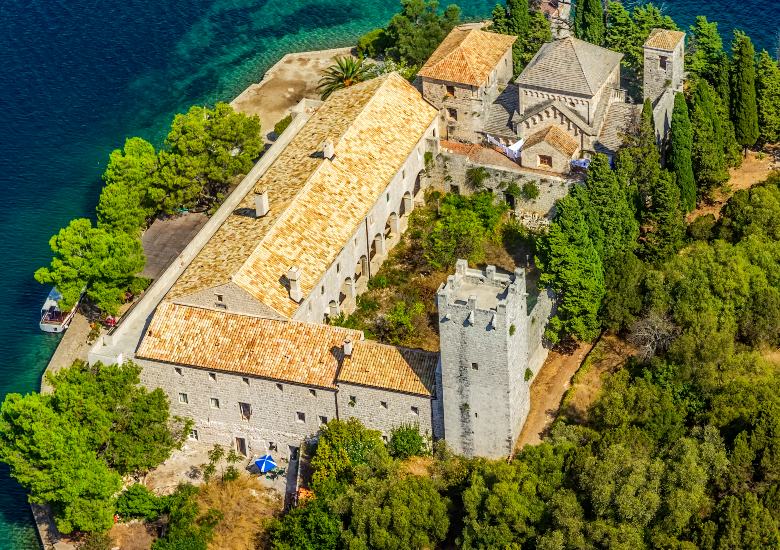 Aerial view of the monastery in Mljet National Park