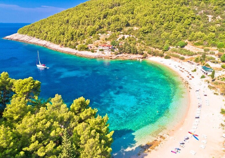 Pupnatska Luka Cove in Korcula, with turquoise water and a sandy beach